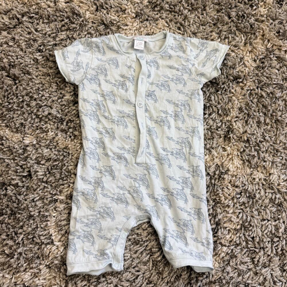 Feather Baby 9-12 Months Pima Cotton Blue Fish Romper Henley Button Outfit READ